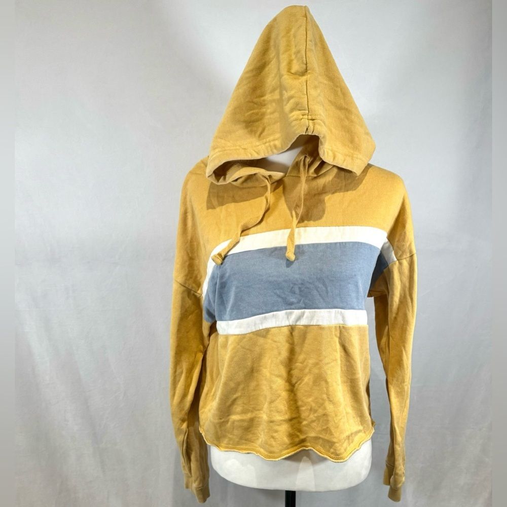 Pink Rose mustard yellow gray and white striped hoodie size medium